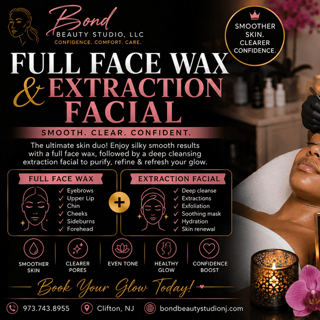 Full Face Wax & Extraction Facial at BOND BEAUTY STUDIO, LLC in Clifton, NJ
